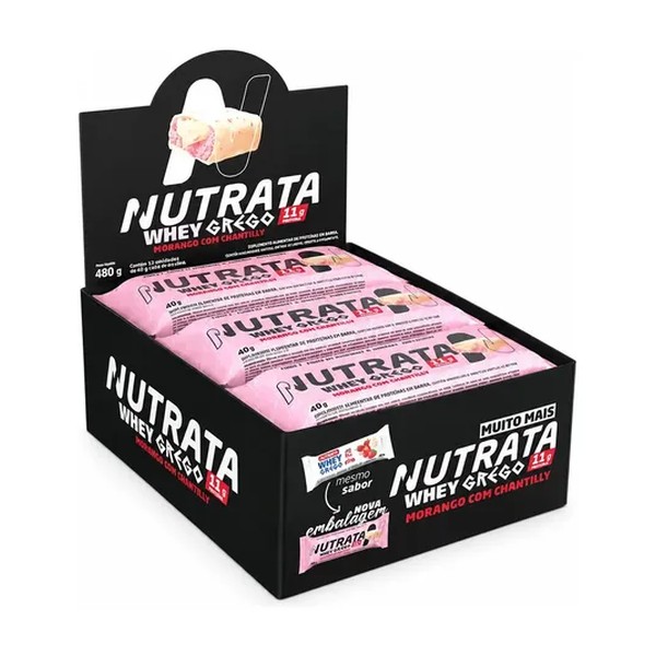 Barra de proteínas Nutrata WHEY Grego 40G sabor Morango com chantilly x 480g 12 un