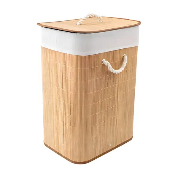 Cesto para Roupas Bambu Dobrável com Tampa Bege 60L Texfine