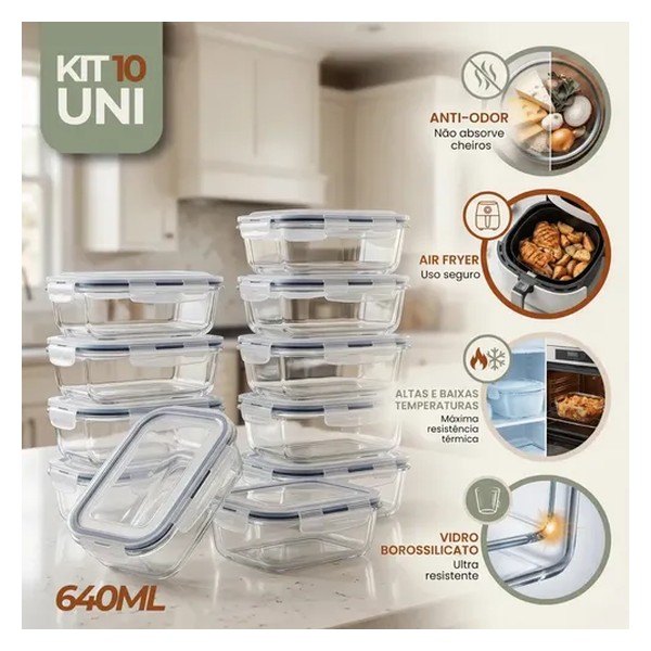 Kit 10 Pote De Vidro Marmita Hermético 640ml Freezer Fitness Rishon