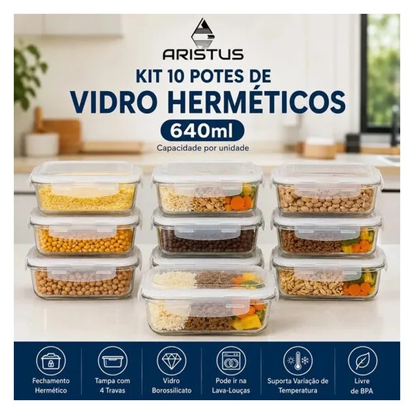 Kit 10 Potes Vidro Hermético Aristus 640ml Marmita Anti Vazamento Forno Micro-ondas Freezer Tampa 4 Travas - Branco