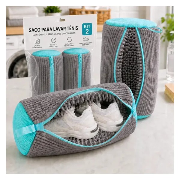 Kit 2 Sacos Para Lavar Tênis E Sapatos Em Máquina De Lavar – Saco Telado Anti-Impacto Com Fechamento Em Zíper