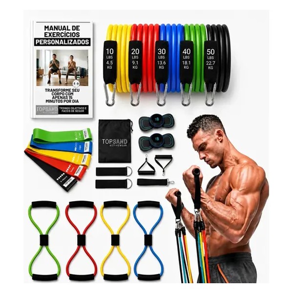 Kit 20 Itens Esportivos Para Treino Em Casa Academia Fitness Funcional Com Elásticos Extensor Puxadores Massageador Faixas Elásticas Mini Band P/ Exercícios Ginástica Fisioterapia Topsand Activewear