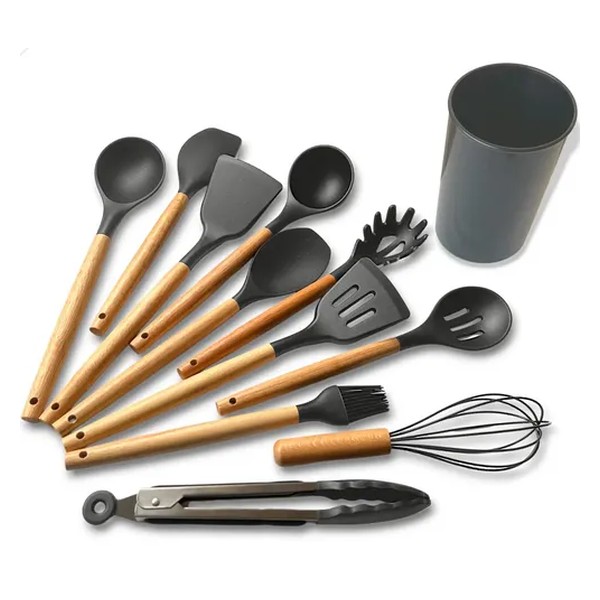 Kit C/12 Utensílios De Cozinha Silicone Cabo Madeira