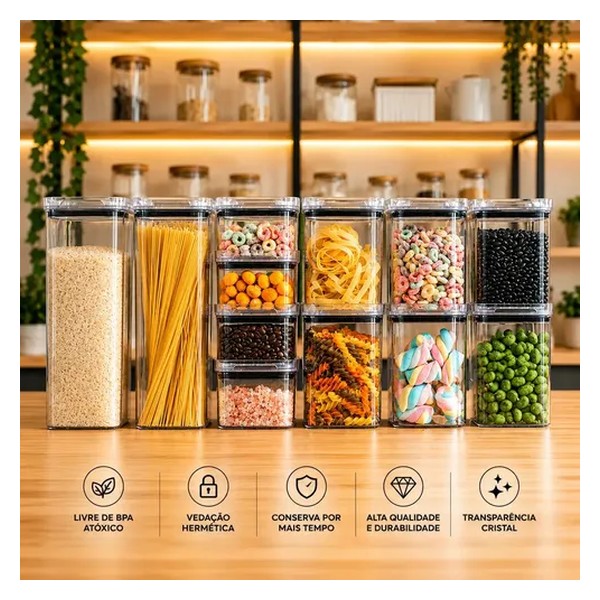 Kit Potes Porta Mantimento Hermético Quadrado Cozinha 12 Uni