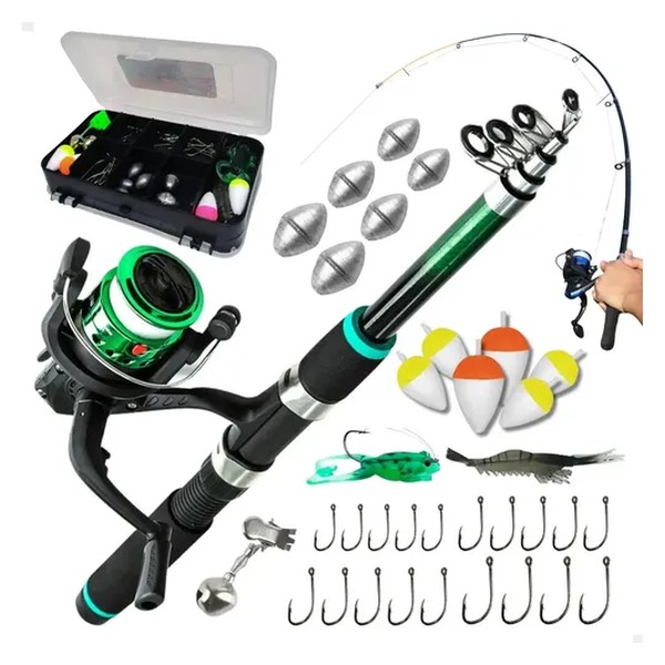 Pescamping Kit Pesca Completo - 1 Vara Fibra De Vidro E 1 Molinete Leve Com Linha - Estojo Com Acessórios Bóias Chumbadas Anzóis E Mais Tralha Quite De Pescaria