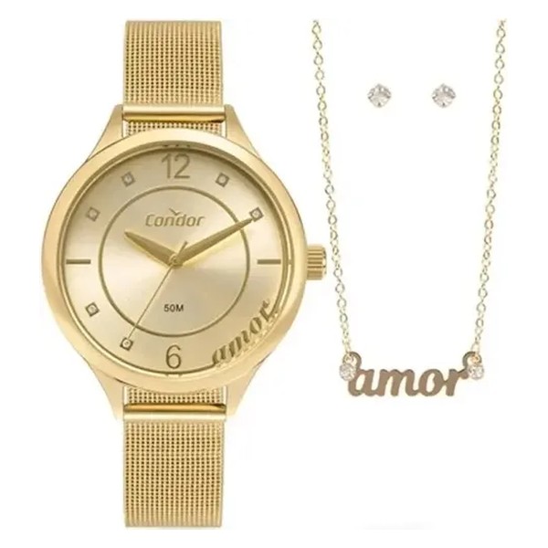 Relógio De Pulso Condor Mimos E Sutilezas CO2035NBP Kit 3 Pçs Dourado Feminino