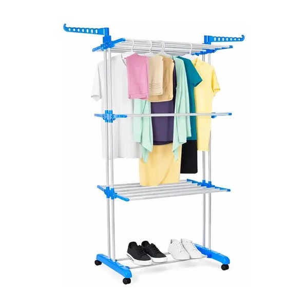 Varal De Apartamento Chão Aço Inox Resistente 3 Andares 2 Hastes Com 4 Rodas Dobrável Retrátil Multiuso Grande Super Prático Para Roupas Vertical Compacto Fácil Montagem Alta Capacidade Secagem Rápida